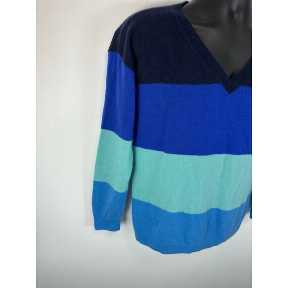 Talbots 100% Cashmere Sweater Size Large Striped Blue V Neck Office Casual - Picture 8 of 9